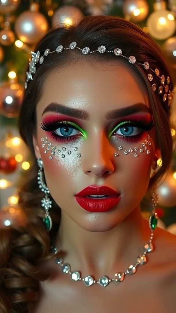 Glamorous Christmas makeup with jewels, showcasing bold colors and festive decorations.